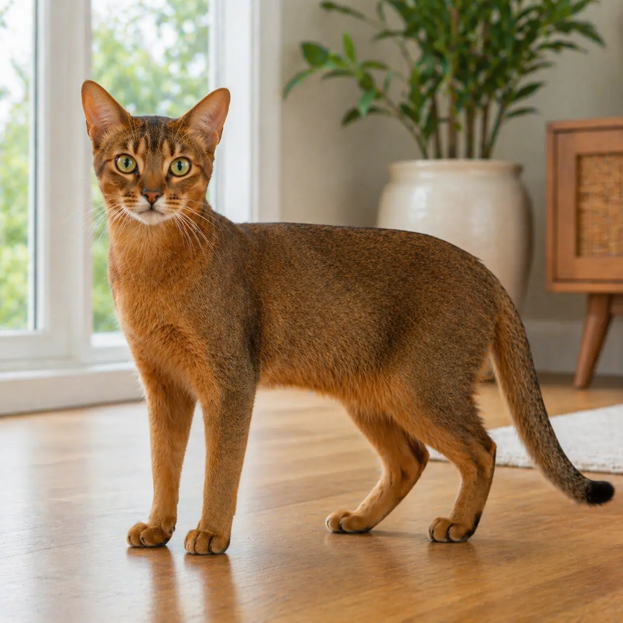 Abyssinian cat with ticked warm-toned agouti coat and alert forward-facing ears