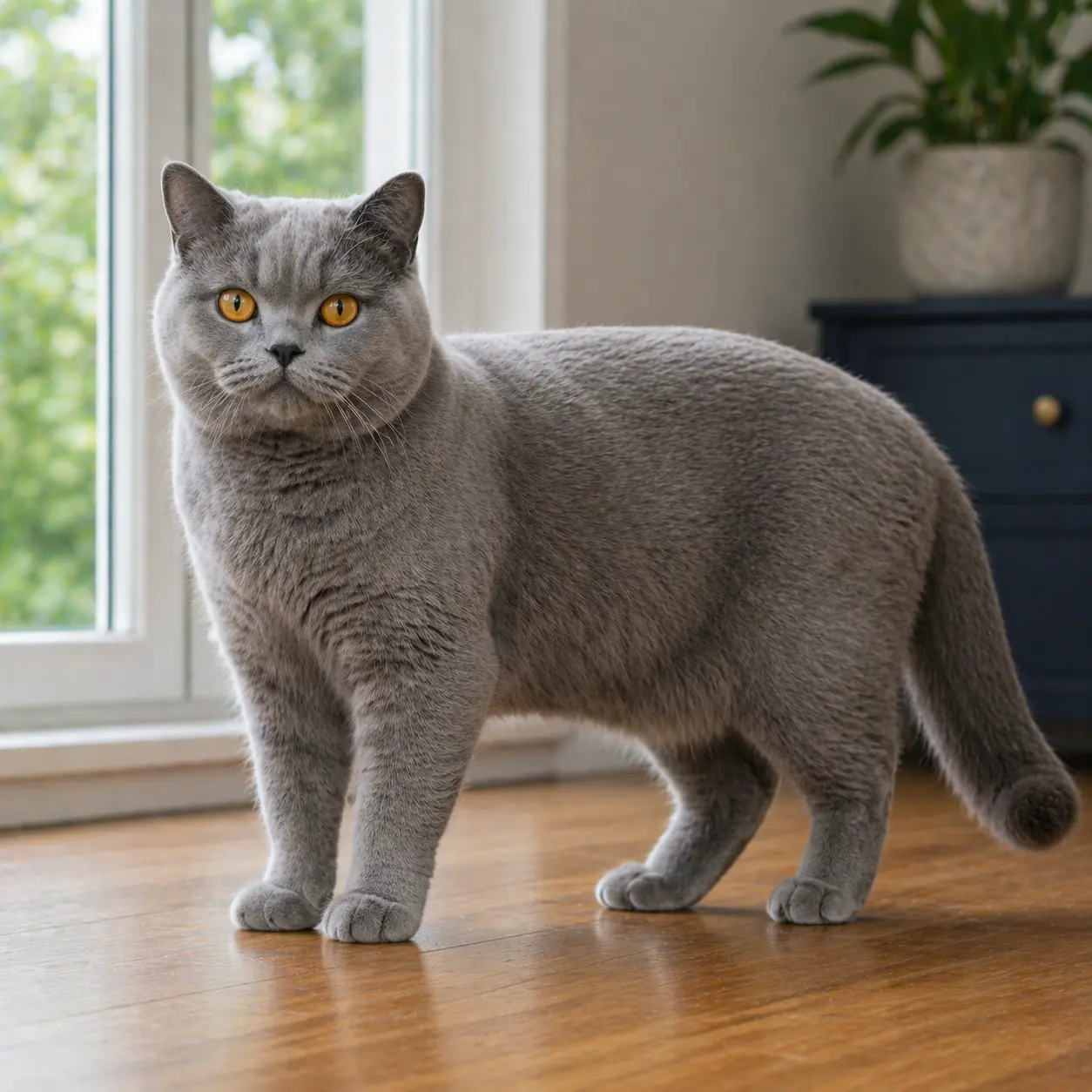 British Shorthair cat with round face, plush blue-gray coat, and striking copper eyes