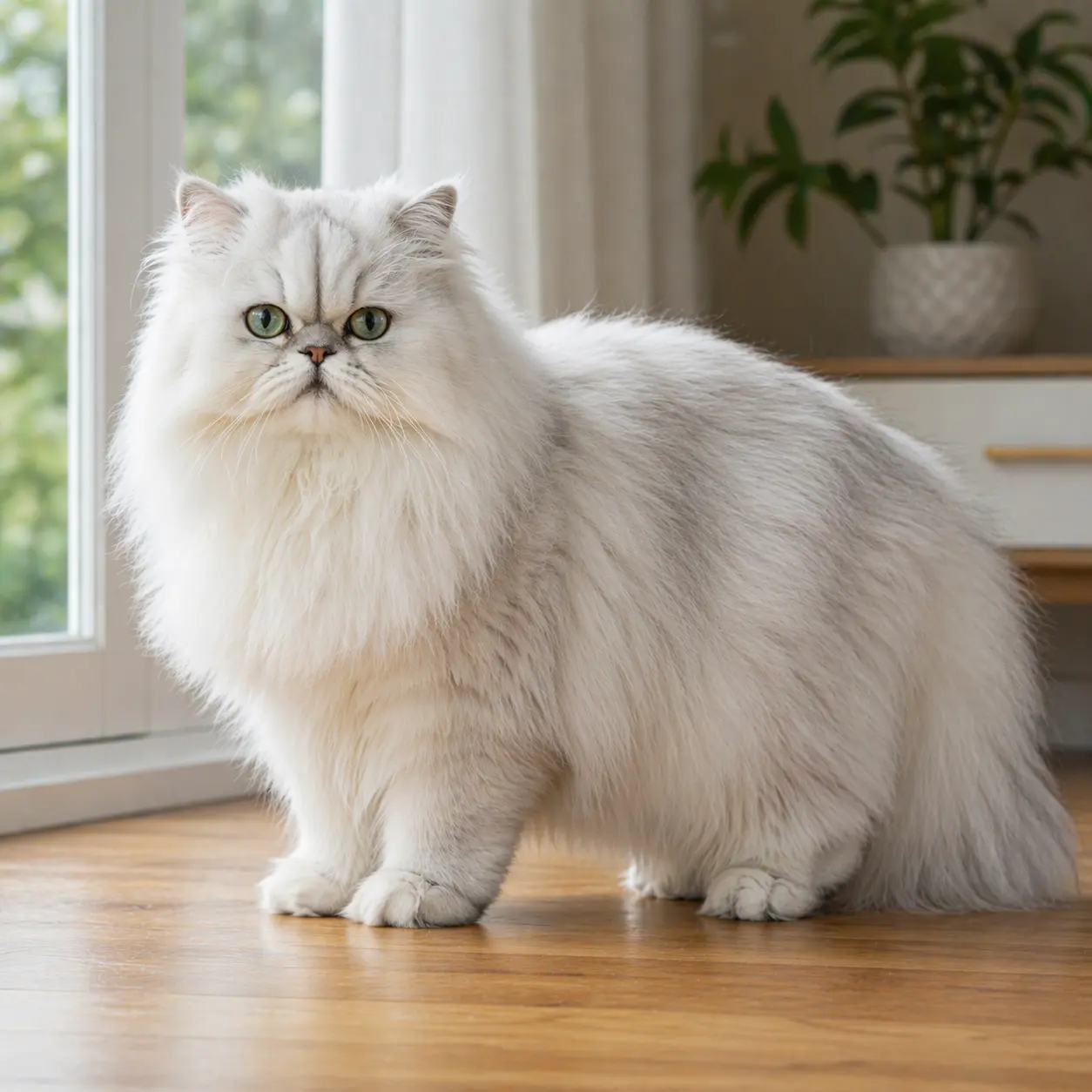 Persian cat with flat brachycephalic face and long dense silky white coat