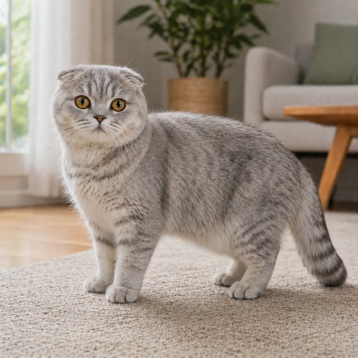 Scottish Fold cat with distinctively folded-forward ears and round wide eyes sitting in alert posture
