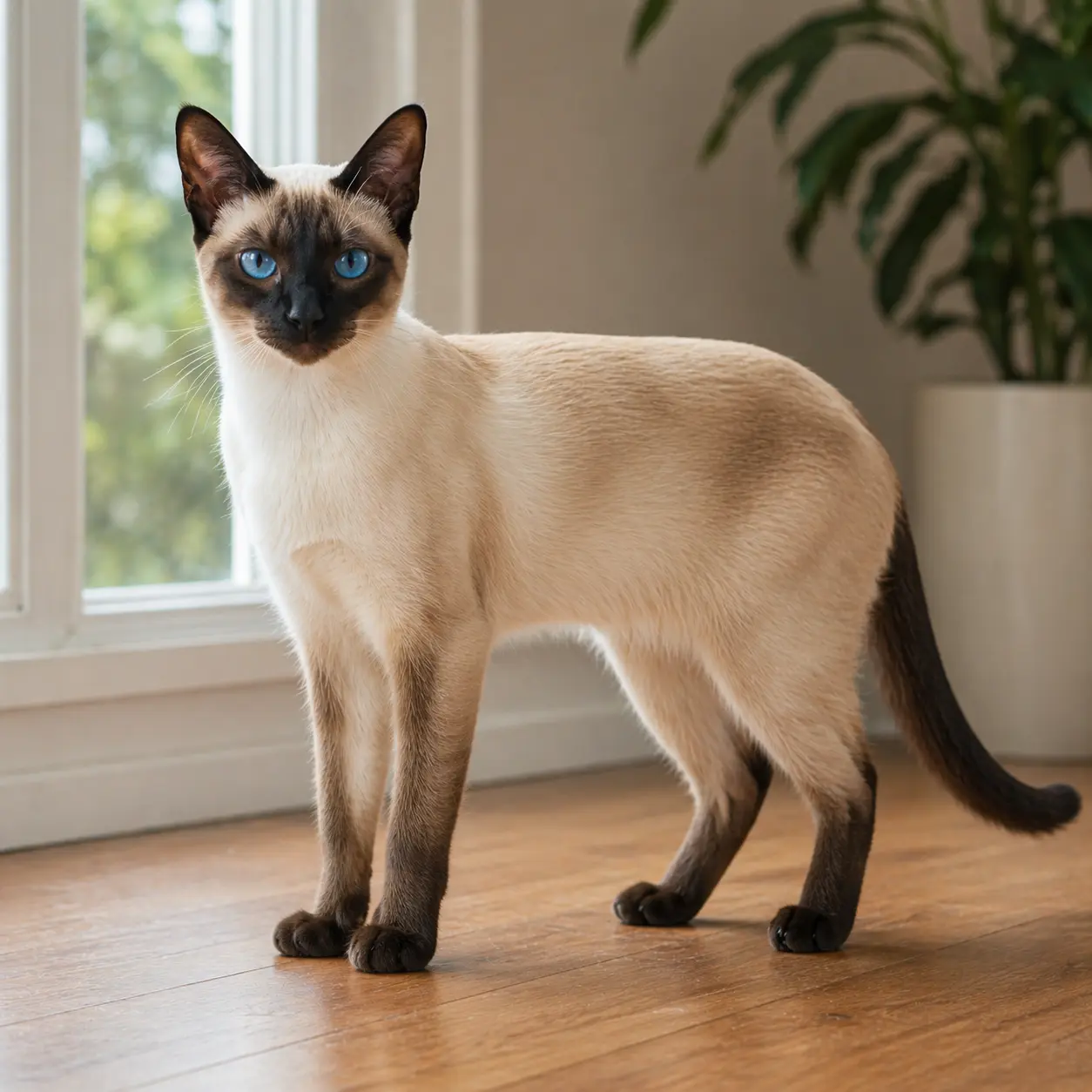 Siamese cat with wedge-shaped head, blue almond eyes, and dark pointed coat on slim foreign body