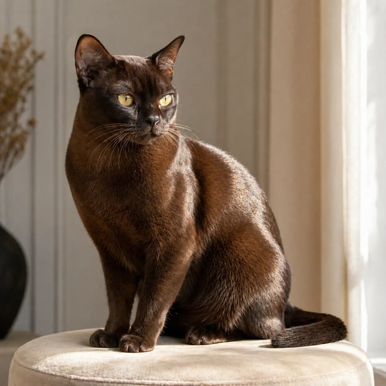 Burmese cat showing compact muscular build and short satin-like sable coat