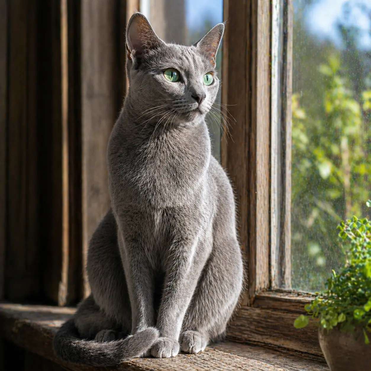 Russian Blue cat showing silvery blue-gray coat and vivid green eyes