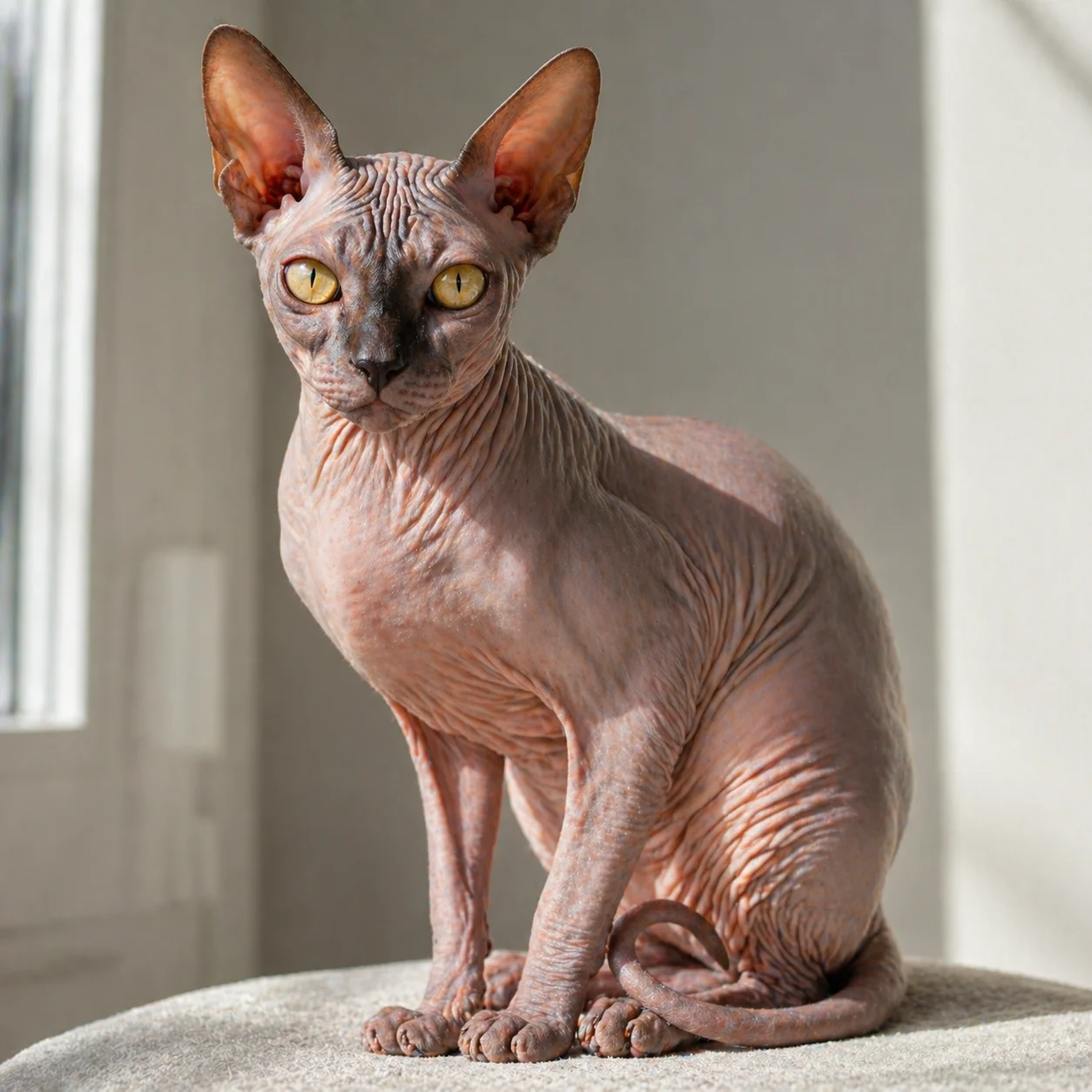 Sphynx cat showing hairless wrinkled skin, large bat ears, and lemon-shaped eyes with visible muscular body
