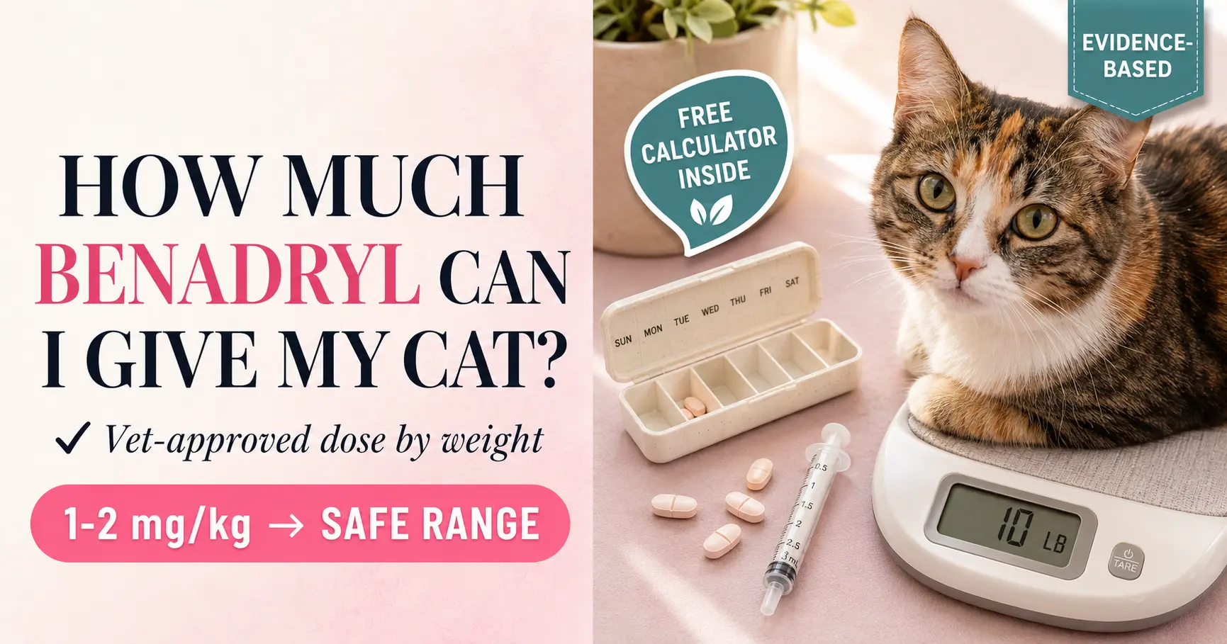 Cat Benadryl dosage chart illustration showing safe diphenhydramine amounts by cat weight