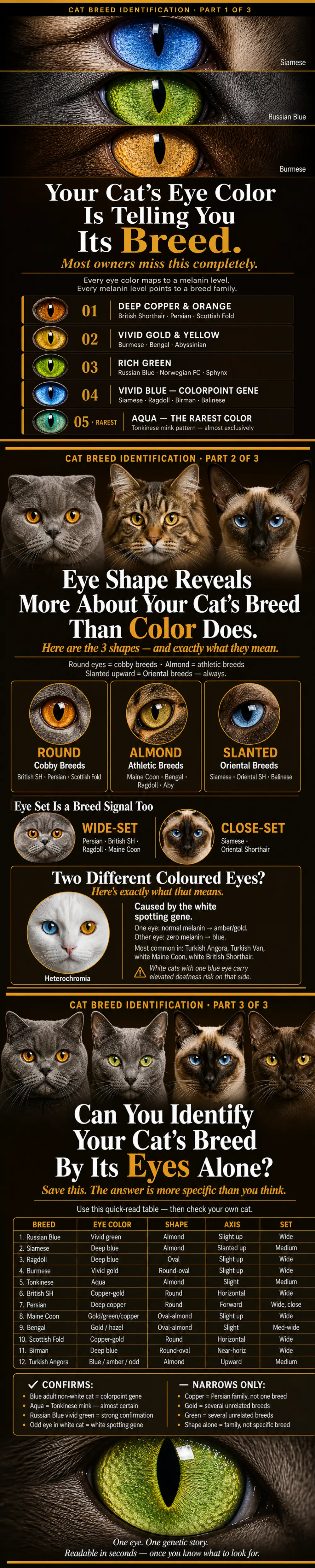 An infographic on what cat's eye color and shape tell about cat breeds