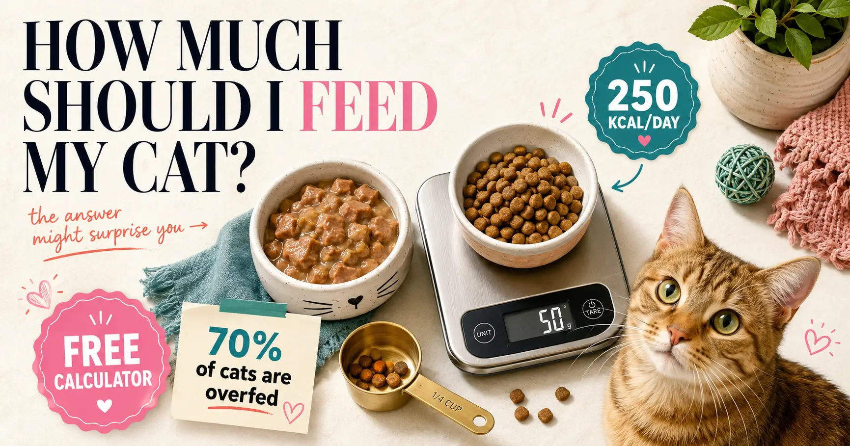 Cat calorie calculator illustration showing measured wet and dry food portions next to a cat