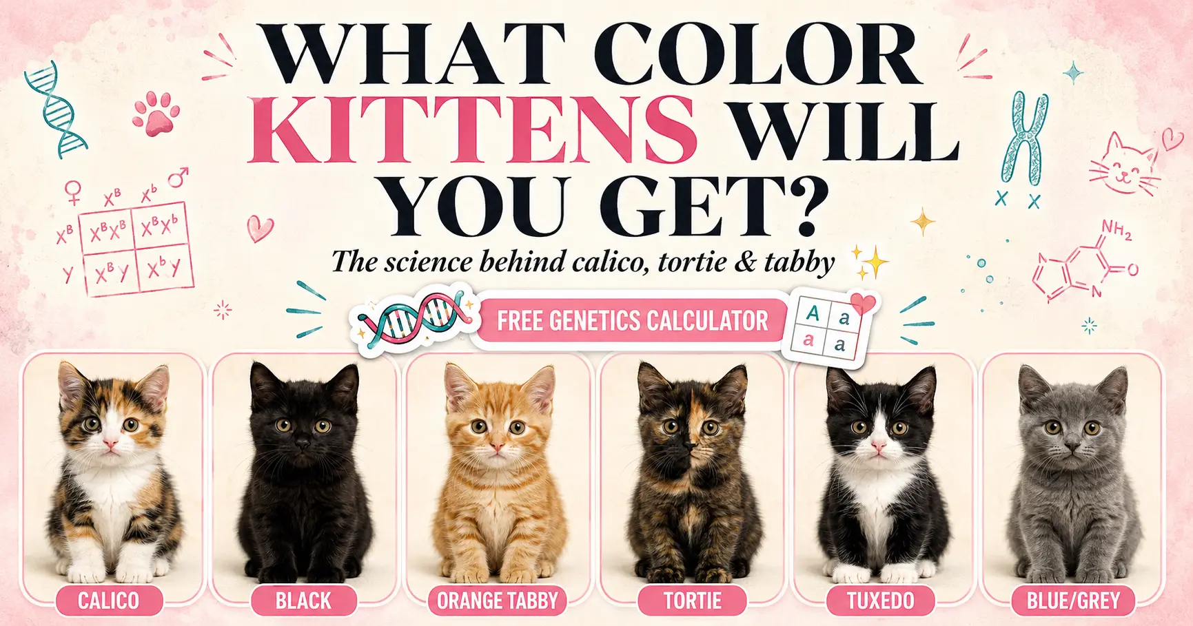 Cat coat color genetics calculator showing parent cats and predicted kitten coat color combinations