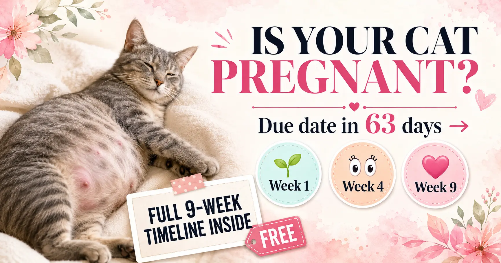 Illustrated cat pregnancy timeline showing nine weeks of gestation with developing kittens at each stage