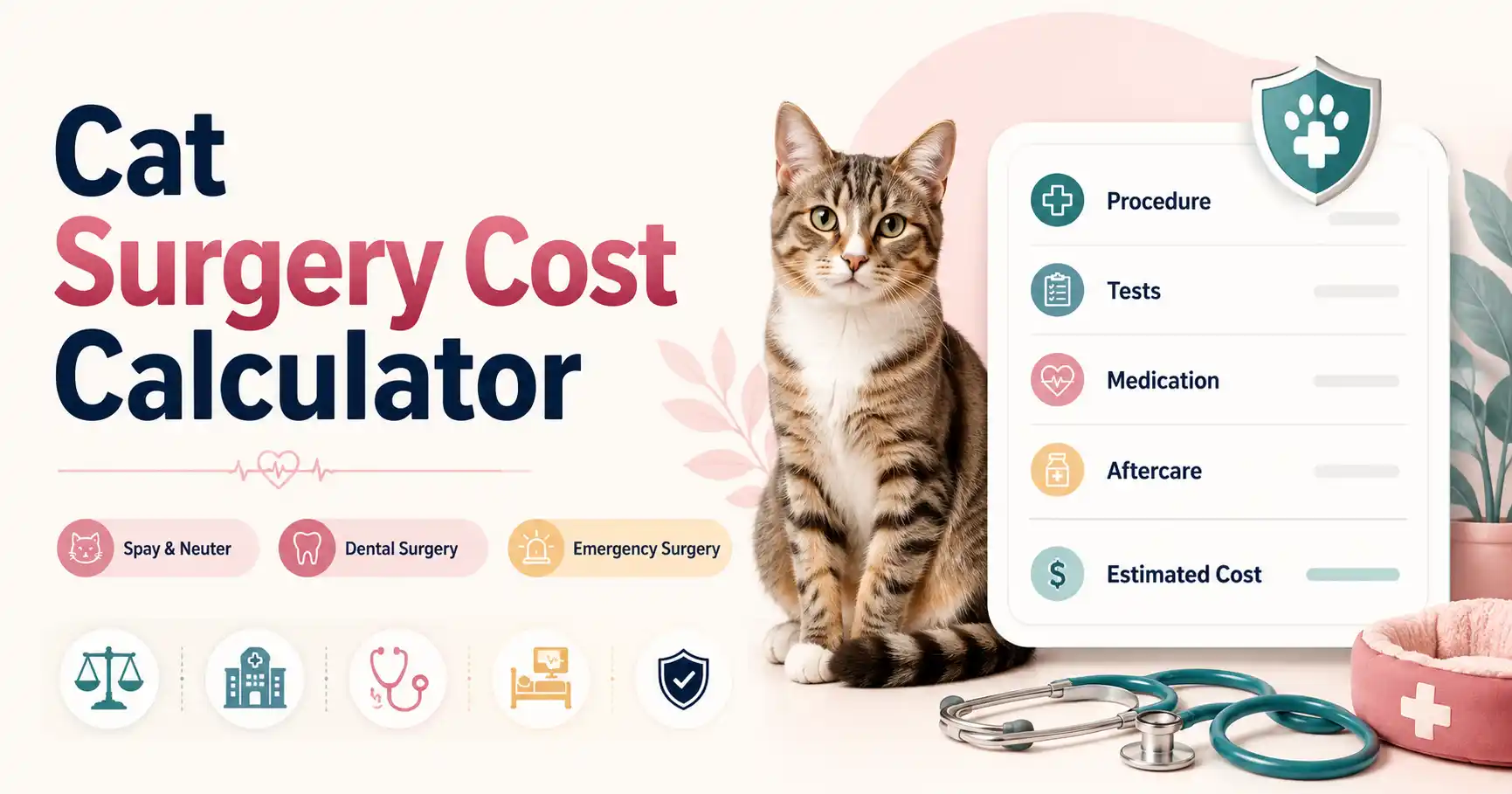 Cat surgery cost calculator showing veterinary procedure, testing, hospital and recovery expenses